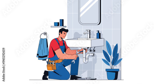 Flat style vector illustration of plumber installing bathroom sink in modern residential interior, plumbing installation and home maintenance service concept in clean minimal style