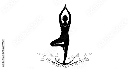 Woman in yoga tree pose standing.