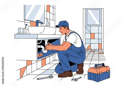 Flat style vector illustration of plumber installing bathroom sink in modern residential interior, plumbing installation and home maintenance service concept in clean minimal style