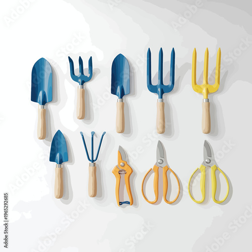A collection of gardening tools are arranged against a light, textured background. Included are trowels, forks, and clippers