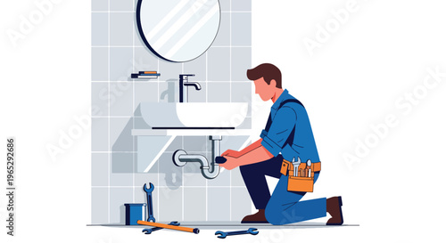 Flat style vector illustration of plumber installing bathroom sink in modern residential interior, plumbing installation and home maintenance service concept in clean minimal style
