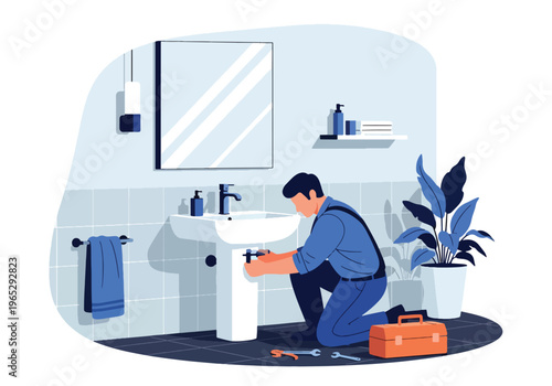 Flat style vector illustration of plumber installing bathroom sink in modern residential interior, plumbing installation and home maintenance service concept in clean minimal style
