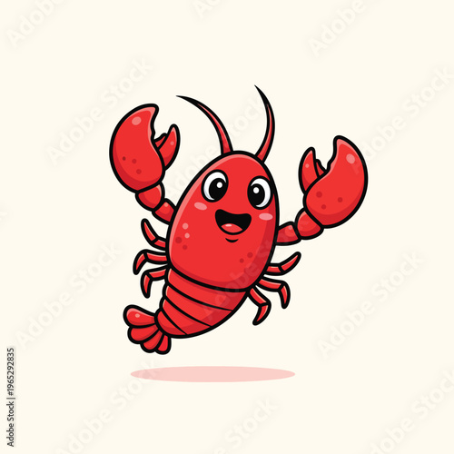 A cartoon-style lobster, red in color, with expressive eyes and a smiling mouth, appears to be floating