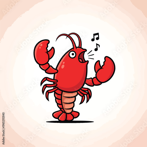 A cartoon-styled illustration of a red lobster singing musical notes. It's standing up with its arms raised and mouth open. The background is a pale peach