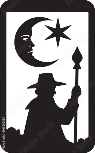 black silhouette wizard, crescent moon, star, magic, fantasy icon