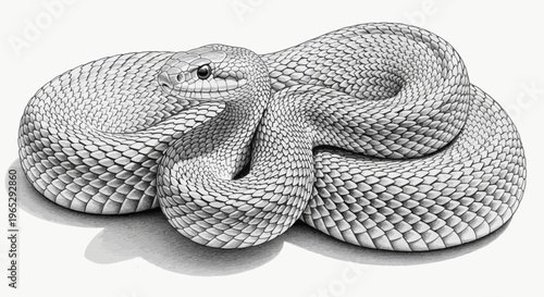Detailed Black and White Illustration of Coiled Snake with Scaled Texture