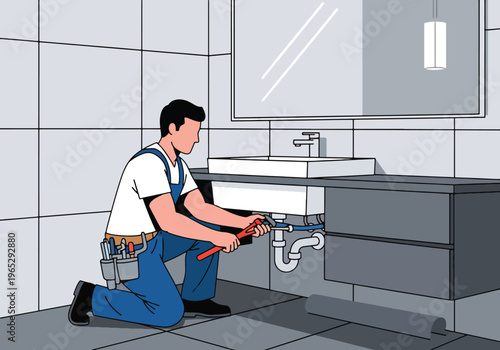 Flat style vector illustration of plumber installing bathroom sink in modern residential interior, plumbing installation and home maintenance service concept in clean minimal style