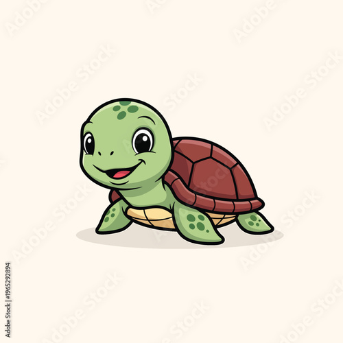 A cartoon-style illustration of a happy turtle. It features a green head and limbs, brown shell, and a beige background. It appears cheerful