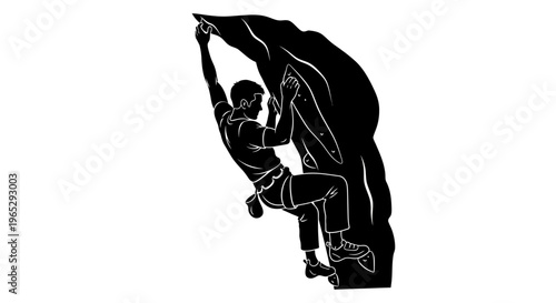 Man climbing rock face with flag.