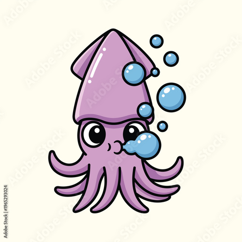 A cartoon-style illustration of a purple squid with big eyes and bubbles. It appears on a cream-colored background