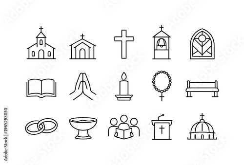 Minimal line icon set of Christian church symbols including chapel, cross, Bible, praying hands, candle, rosary, rings, altar, pulpit, and stained glass