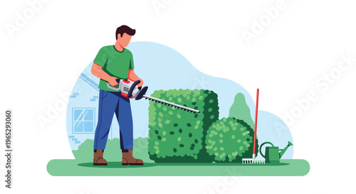Flat style vector illustration of landscaper trimming bushes with electric trimmer in garden, outdoor maintenance and gardening service concept in clean modern style