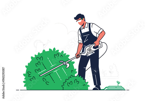 Flat style vector illustration of landscaper trimming bushes with electric trimmer in garden, outdoor maintenance and gardening service concept in clean modern style