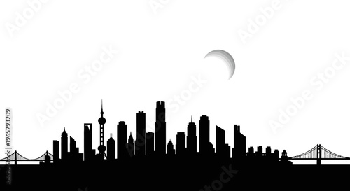 Black silhouette of city skyline buildings.