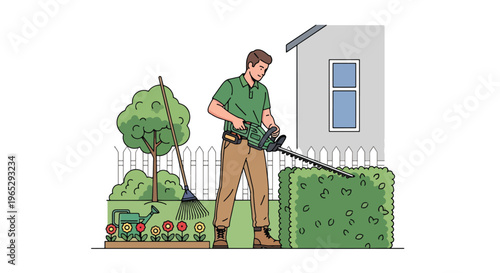 Flat style vector illustration of landscaper trimming bushes with electric trimmer in garden, outdoor maintenance and gardening service concept in clean modern style
