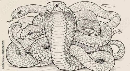 Detailed Illustration of Multiple Snakes in Various Coiled Poses