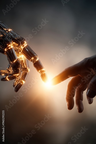 Glowing robotic hand and human hand reach toward each other, fingertips touching in a beam of light, symbolizing connection between technology and humanity.