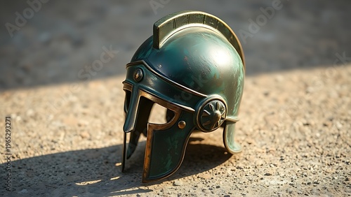 verdigris. Ancient Greek Corinthian helmet, bronze with dents and verdigris, visor down. event programs, museum guides, designed for cultural heritage projects and event programs, preserves heritage.