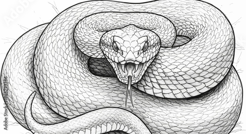 Detailed Black and White Illustration of Coiled Snake with Open Mouth and Tongue