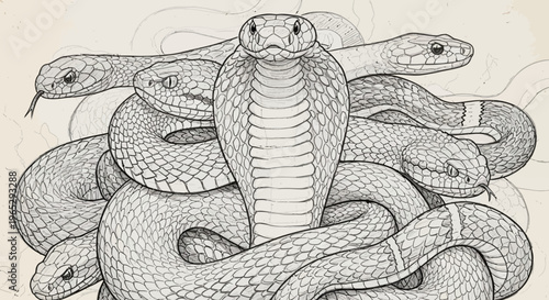 Detailed Illustration of Multiple Snakes in a Coiled and Intertwined Arrangement