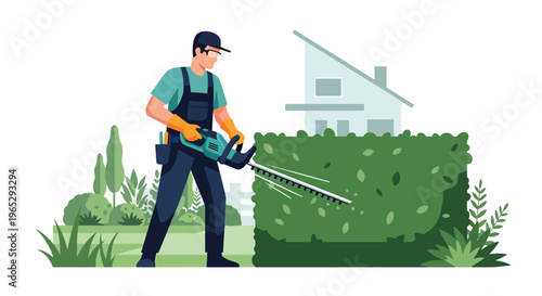 Flat style vector illustration of landscaper trimming bushes with electric trimmer in garden, outdoor maintenance and gardening service concept in clean modern style