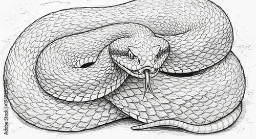 Detailed Black and White Illustration of Coiled Rattlesnake with Tongue Extended