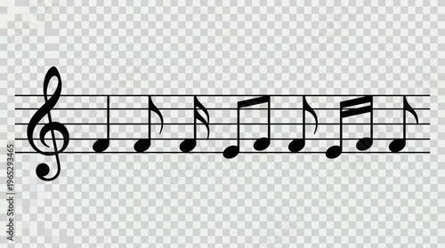 Music Notes Vector Icon | Treble Clef Staff Illustration | Melodic Rhythm Symbol Graphic Design | Transparent Background Musical Score Vector Artwork | Minimalist Black Music Vector Drawing