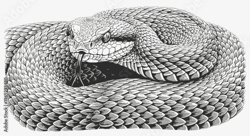 Detailed Illustration of a Coiled Snake with Textured Scales and Tongue