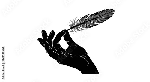 Hand Holding a Single Feather Silhouette.