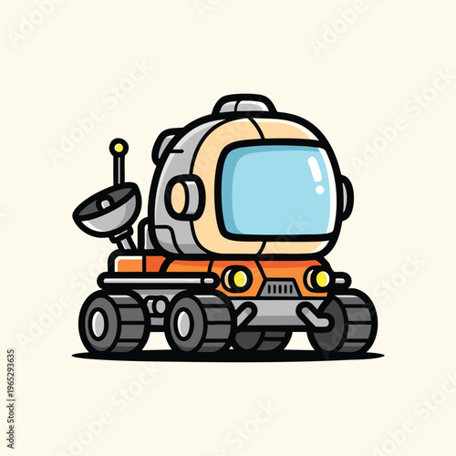 A cartoon-style lunar rover with a large, rounded front visor. The design has a retro aesthetic with antenna. It includes large wheels, metallic accents, and a shadow