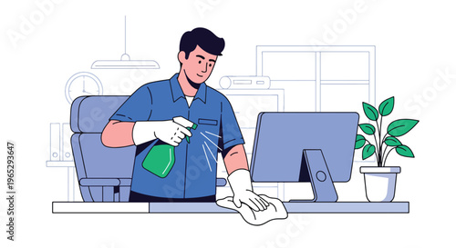 Flat style vector illustration of cleaner disinfecting office desk with spray, workplace hygiene and sanitation maintenance service concept in modern minimal style