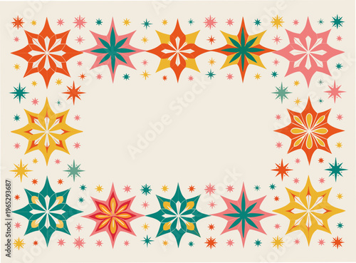 A frame of lush stars.  Message card. Copy space. Simple and charming Scandinavian-style illustration.