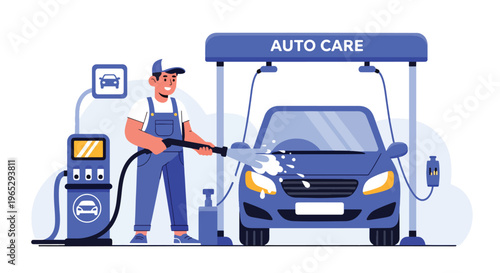 Flat style vector illustration of car wash worker cleaning vehicle with water hose, automotive cleaning and maintenance service concept in clean modern vector style