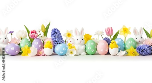 Horizontal border of white ceramic bunnies colorful painted easter eggs and fresh spring flowers on white background