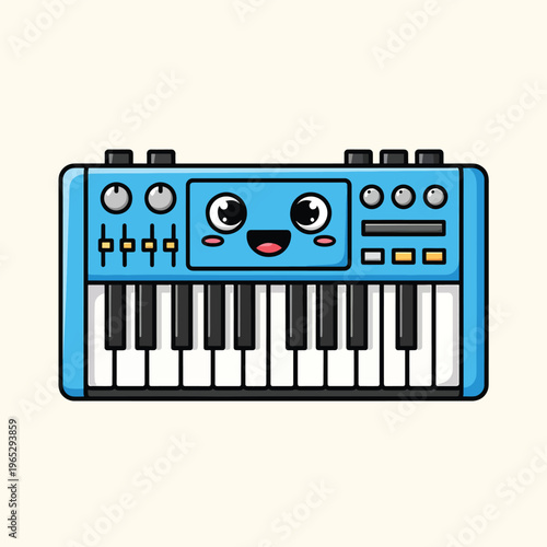 A cartoon-styled synthesizer with a happy face, featuring a blue body with black and white keys. Cute design with knobs, sliders, and buttons