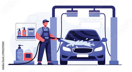 Flat style vector illustration of car wash worker cleaning vehicle with water hose, automotive cleaning and maintenance service concept in clean modern vector style