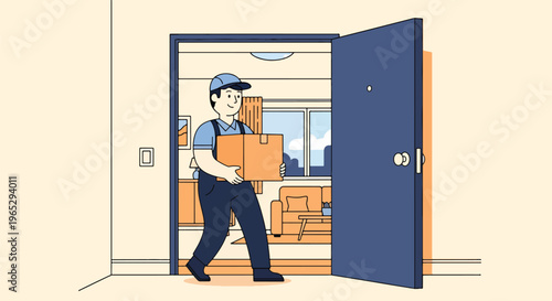 Flat style vector illustration of mover carrying cardboard box into new home, relocation service and moving assistance concept in clean modern vector style
