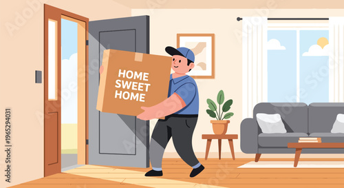 Flat style vector illustration of mover carrying cardboard box into new home, relocation service and moving assistance concept in clean modern vector style