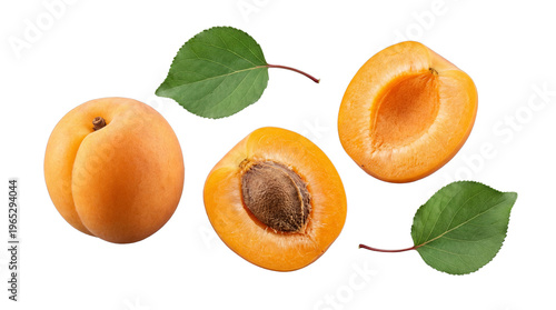 Tableau sur toile Apricots, whole and halved, with juicy pulp, natural stone, and green leaves, isolated on transparent background