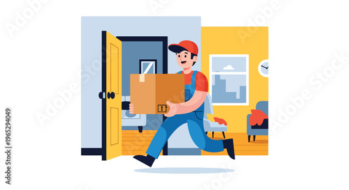 Flat style vector illustration of mover carrying cardboard box into new home, relocation service and moving assistance concept in clean modern vector style