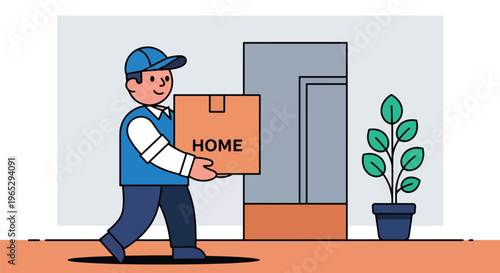Flat style vector illustration of mover carrying cardboard box into new home, relocation service and moving assistance concept in clean modern vector style