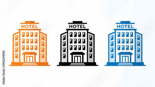 Hotel Building Vector Icons | Colorful Orange Black Blue Illustration | Hospitality Symbol Graphic Design | Travel Accommodation Logo Vector Artwork | Modern Hotel Vector Drawing
