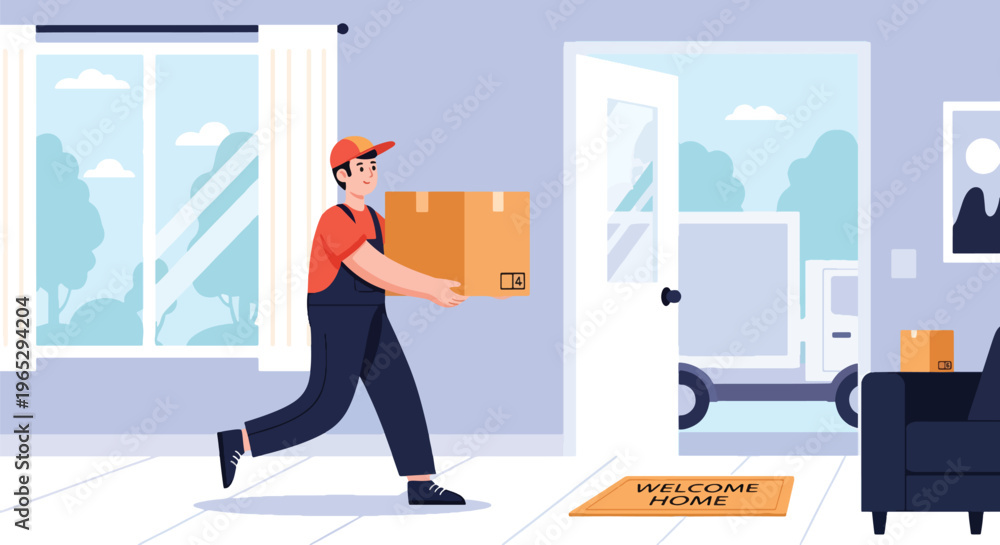 © Amie - Flat style vector illustration of mover carrying cardboard box into new home, relocation service and moving assistance concept in clean modern vector style