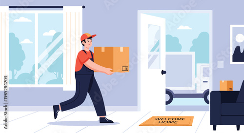 Flat style vector illustration of mover carrying cardboard box into new home, relocation service and moving assistance concept in clean modern vector style