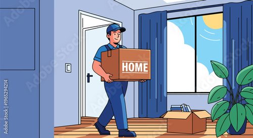 Flat style vector illustration of mover carrying cardboard box into new home, relocation service and moving assistance concept in clean modern vector style