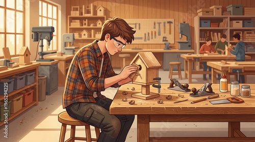 Young craftsman assembling birdhouse in workshop