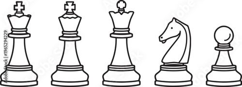 Chess pieces, vector icons, black and white, pawns, queen, king, knight