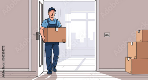 Flat style vector illustration of mover carrying cardboard box into new home, relocation service and moving assistance concept in clean modern vector style