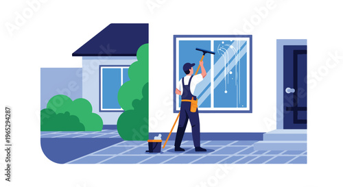 Flat style vector illustration of window cleaner using squeegee on glass building exterior, urban maintenance and cleaning service concept in clean modern style