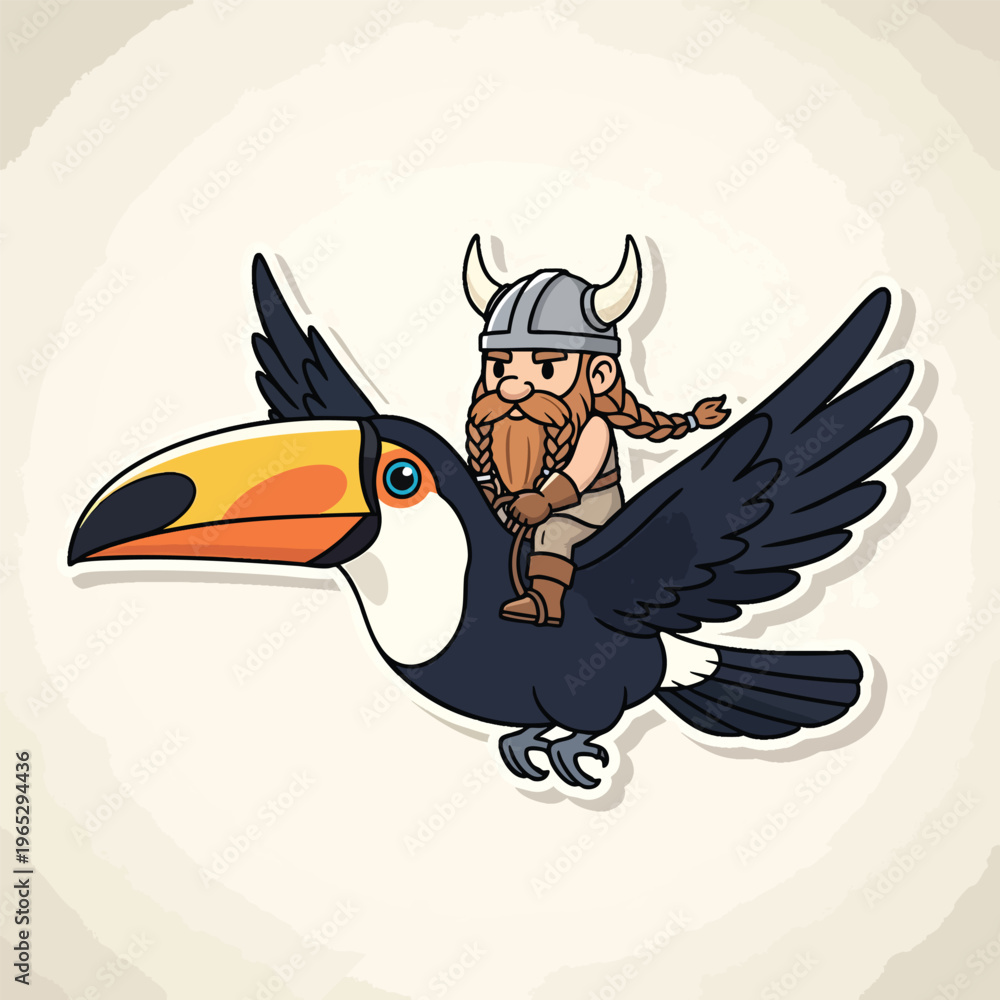 Naklejka premium A cartoon-style illustration of a toucan carrying a dwarf wearing a Viking helmet. The bird has a large beak, and the dwarf has a braided beard. The background is simple